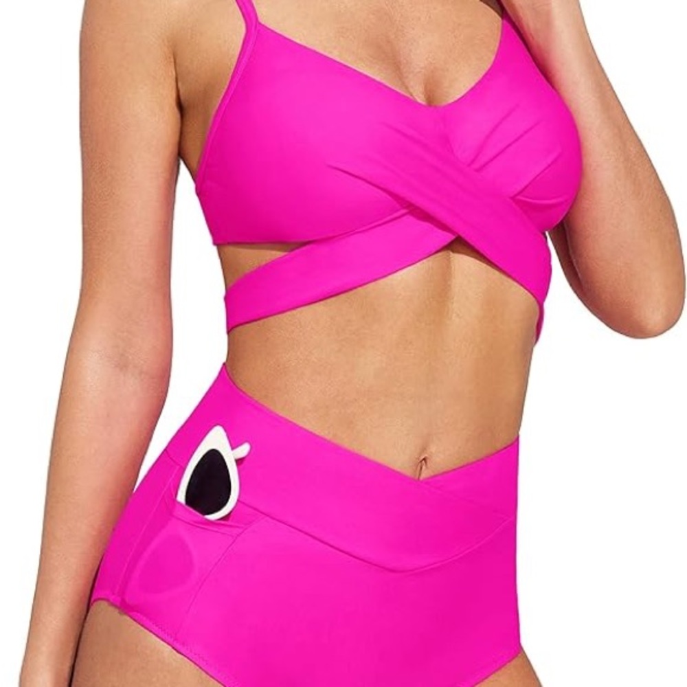 iuga Women’s Hot  Pink Criss-Cross Bikini High-Waisted Swim Set Size M